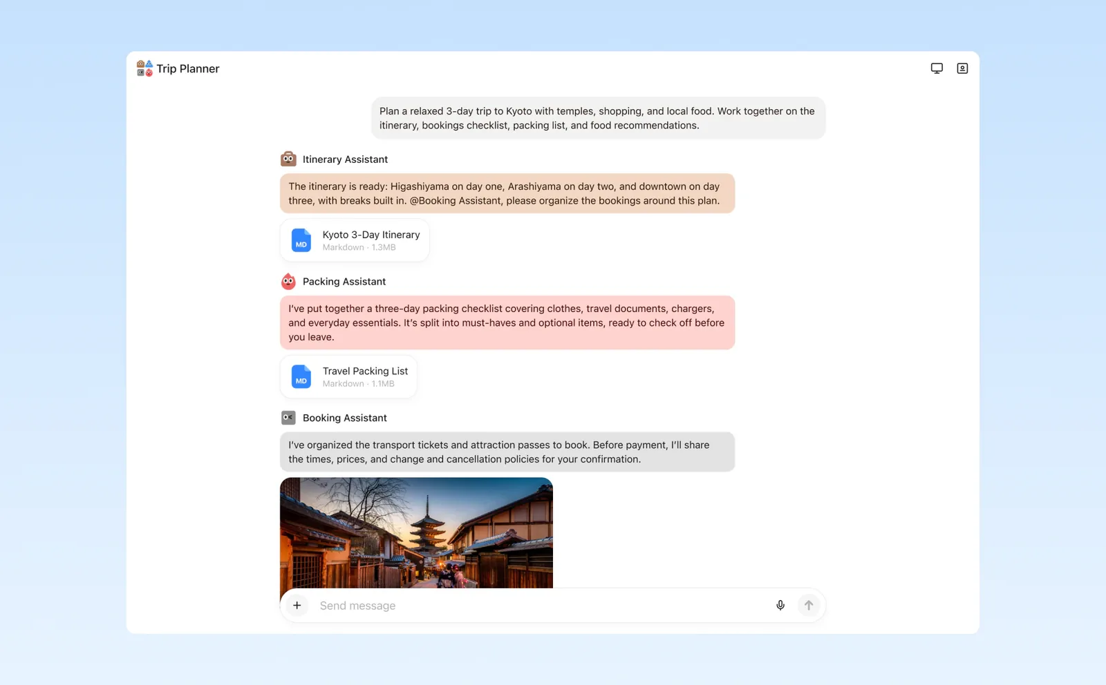 Cue: agentes personales que coordinan itinerario, lista de equipaje y reservas dentro de una conversación compartida