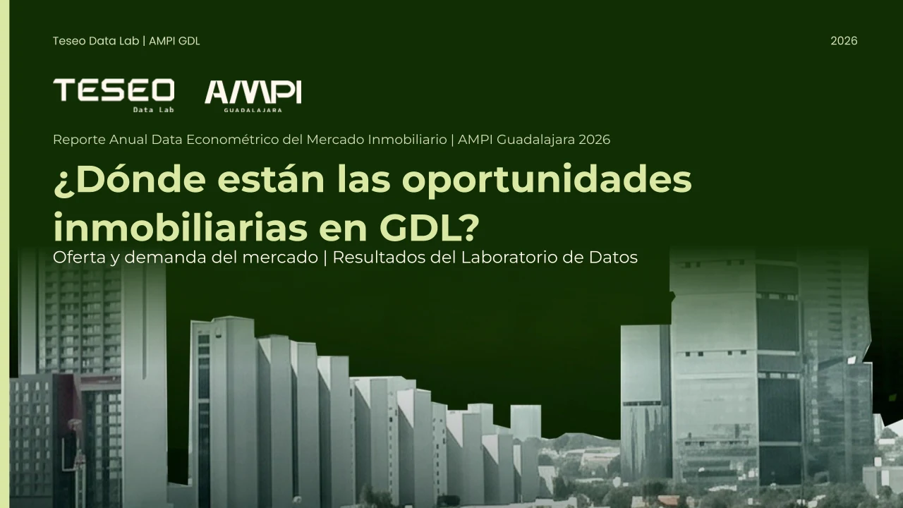 Portada de la presentación «¿Dónde están las oportunidades inmobiliarias en GDL? Oferta y demanda del mercado», de Teseo Data Lab y AMPI Guadalajara