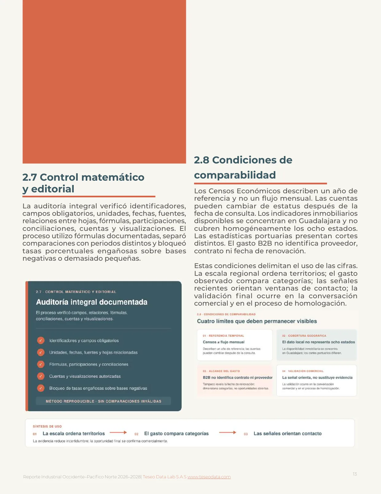 Página 13: control matemático y editorial, y condiciones de comparabilidad